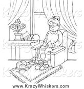 Critter Clipart of a Black and White Cat Napping in a Window While an Old Woman Knits by Alex Bannykh