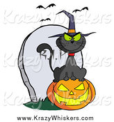 Critter Clipart of a Black Cat Wearing a Witch Hat and Sitting on a Pumpkin by a Tombstone and Bats by Hit Toon