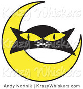 Critter Clipart of a Black Cat's Face with Yellow Eyes with with a Yellow Crescent Moon by Andy Nortnik