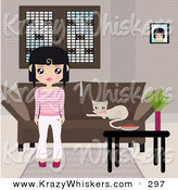 Critter Clipart of a Black Haired White Girl Dressed in Pink and White, Standing in Front of a Brown Couch with a Kitty Resting on the Cushions and a Table with a Bowl and Plant by Melisende Vector