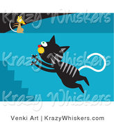 Critter Clipart of a Black Tabby Cat with Gray Stripes Leaping up a Flight of Stairs Towards a Mouse on a Wall by