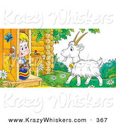 Critter Clipart of a Blond Boy and His Cat Peeking out a Front Door, Looking at a Goat by Alex Bannykh