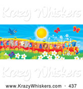 Critter Clipart of a Blue Bird and Butterflies Flying over Flowers near a Cat, Pig, Goat, Rhino, Squirrel, Lion, Chick and Fox on a Train on a Warm Sunny Day by Alex Bannykh