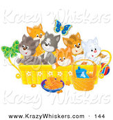 Critter Clipart of a Blue Butterfly over a Litter of Colorful Kittens in a Basket with Food and a Ball on the Floor by Alex Bannykh