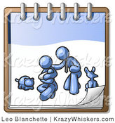 Critter Clipart of a Blue Family Showing a Man Kneeling Beside His Wife and Newborn Baby with Their Dog and Cat on a Ringed Notebook, Symbolizing Family Planning by Leo Blanchette