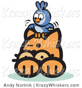 Critter Clipart of a Brave Bluebird Sitting on Top of an Orange Cat's Head and Teasing Him by Andy Nortnik