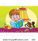 Critter Clipart of a Brown Cat Trying to Sneak Candy from a Table by a Boy Reading a Book by Alex Bannykh