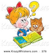 Critter Clipart of a Brown Cat Watching a Little Blond Girl Do Her Homework by Alex Bannykh