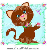 Critter Clipart of a Brown Cat with Hearts, Vines and a Dragonfly over a Blue Square by
