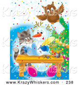 Critter Clipart of a Brown Owl Flying with an Envelope over a Kitten Watching a Snowman Writing a Letter by Alex Bannykh
