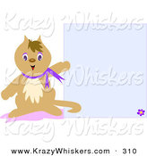 Critter Clipart of a Brown Pet Cat Wearing a Purple Collar, Pointing to a Blank Blue Stationery Background by