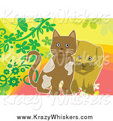 Critter Clipart of a Brown Puppy and Kitten with Flowers by Mayawizard101
