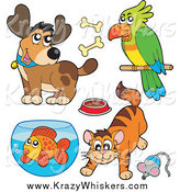 Critter Clipart of a Cartoon Happy Dog, Parrot, Cat and Fish by Visekart