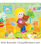 Critter Clipart of a Cat and Girl with a Teddy Bear in a Toy Room - Royalty Free by Alex Bannykh