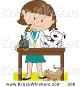 Critter Clipart of a Cat at a Caucasian Female Veterinarian's Feet As She Bandages up a Puppy, a Bird Perched on Her Shoulder by Maria Bell