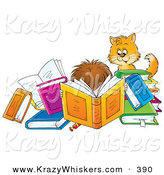Critter Clipart of a Cat Watching a Boy Reading a Book Amidst Many Colorful Books by Alex Bannykh