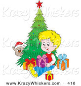 Critter Clipart of a Cat Wearing a Santa Hat, Peeking Around a Christmas Tree and Watching a Blond Boy Open Presents by Alex Bannykh