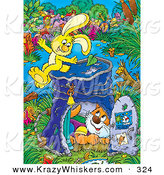Critter Clipart of a Cheerful and Energetic Yellow Bunny on Top of a Pail Converted into a Club House, a Cat Inside by Alex Bannykh