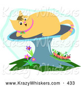 Critter Clipart of a Cheerful Beige Cat on a Mushroom over Flowers and a Caterpillar by