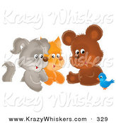 Critter Clipart of a Cheerful Bluebird Chatting with a Cute Bear, Kitten and Puppy by Alex Bannykh