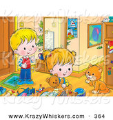 Critter Clipart of a Cheerful Boy and Girl Playing in a Room, Watching a Cat Groom Its Paw by Alex Bannykh