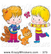 Critter Clipart of a Cheerful Cat, Boy and Girl Chasing a Butterfly and Playing by Alex Bannykh