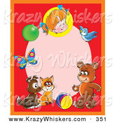 Critter Clipart of a Cheerful Red Frame Around a Pink Oval with a Little Girl, Balloon, Butterfly, Bird, Bear, Ball, Cat and Puppy by Alex Bannykh