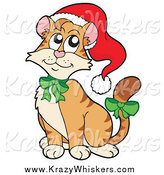 Critter Clipart of a Christmas Cat Wearing a Santa Hat and Green Bows by Visekart