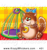 Critter Clipart of a Chubby Brown Cat Sitting by a Cage, Eating a Donut, on a Patterned Background by Alex Bannykh
