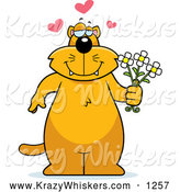 Critter Clipart of a Chubby Orange Cat with Hearts, Holding Flowers by Cory Thoman