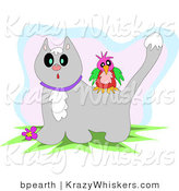 Critter Clipart of a Colorful Bird on the Back of a Surprised Gray Tabby Cat with Snow on Its Head by