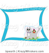 Critter Clipart of a Colorful Bird Sitting on the Back of a Surprised Gray Cat with Snow on Its Head with Blank White Space and a Blue Border by