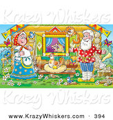 Critter Clipart of a Colorful Painting of a Happy Man, Woman, Mouse, Bird and Cat Watching a Hen Laying Golden Eggs Outside a Log Cabin by Alex Bannykh