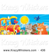 Critter Clipart of a Colorful Picture of a Bluebird, Fox, Dog and Cat Playing with a Ball near a Train on a Sunny Day by Alex Bannykh