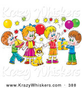 Critter Clipart of a Colorful Picture of a Cat Surrounded by Children and Balloons at a Birthday Party by Alex Bannykh