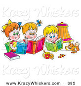 Critter Clipart of a Colorful Picture of a Cat Watching a Boy and His Two Sisters Read Books by Alex Bannykh