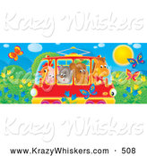 Critter Clipart of a Colorful Picture of a Horse, Bear, Cat, Pig and Chicken Crowded into a Rail Car, Passing a Meadow with Butterflies and Flowers by Alex Bannykh