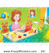 Critter Clipart of a Colorful Picture of a Stay at Home Mom Working at Her Desk on a Laptop in Her Home Office, a Cat Beside Her by Alex Bannykh