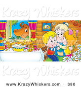 Critter Clipart of a Colorful Picture of Happy Grandchildren Hugging Grandma at a Table While a Cow Chews on Grass in the Window by Alex Bannykh
