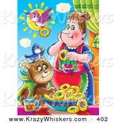 Critter Clipart of a Colorful Picutre of a Bird Flying with a Donut by a Woman with a Bird and Cat by Alex Bannykh