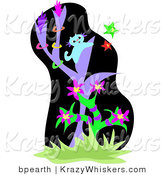 Critter Clipart of a Curious Blue Kitten in a Purple Tree, Trying to Catch Colorful Stars in a Jungle by