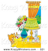 Critter Clipart of a Cute and Curious Orange Cat by a Table with Flowers, a Lamp, Baby Bottle, Pacifier and Baby Supplies by Alex Bannykh