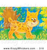 Critter Clipart of a Cute and Happy Baby Bobcat Walking Through a Forest by Alex Bannykh