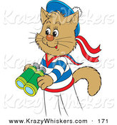 Critter Clipart of a Cute and Happy Sailor Cat in Uniform, Holding a Pair of Binoculars by Alex Bannykh