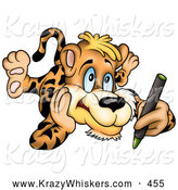 Critter Clipart of a Cute Artistic Leopard Laying on His Belly and Coloring with a Green Crayon by Dero