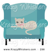 Critter Clipart of a Cute Beige Kitty Cat in a Pink Collar, Resting on a Cushion of a Blue Living Room Chair by Melisende Vector