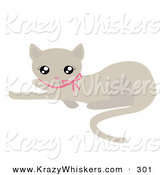 Critter Clipart of a Cute Beige Kitty Cat with a Pink Bow Collar, Laying on the Ground and Looking up by Melisende Vector