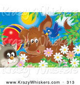 Critter Clipart of a Cute Blue Bird Flying over a Puppy Dog and a Cat with a Ball in a Field of Spring Daisy Flowers by Alex Bannykh
