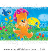 Critter Clipart of a Cute Blue Jay Bird Flying Behind an Orange Kitten Using an Umbrella While Walking by a Puddle Through a Field of Tulips on a Rainy Spring Day by Alex Bannykh