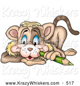 Critter Clipart of a Cute Brown Cat Poking His Cheek with a Green Color Pencil by Dero